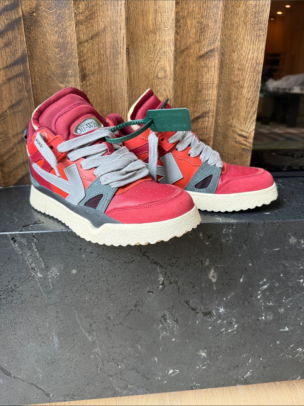 Off-White Red and Gray High-Top Sneakers with Cream Sole